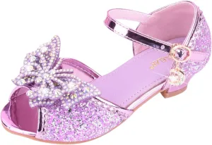 Open Front Bow Sequins Sandals for Girls Kids Princess Wedding Formal Ankle High Heel Shoes Summer Dress Dance Sandals