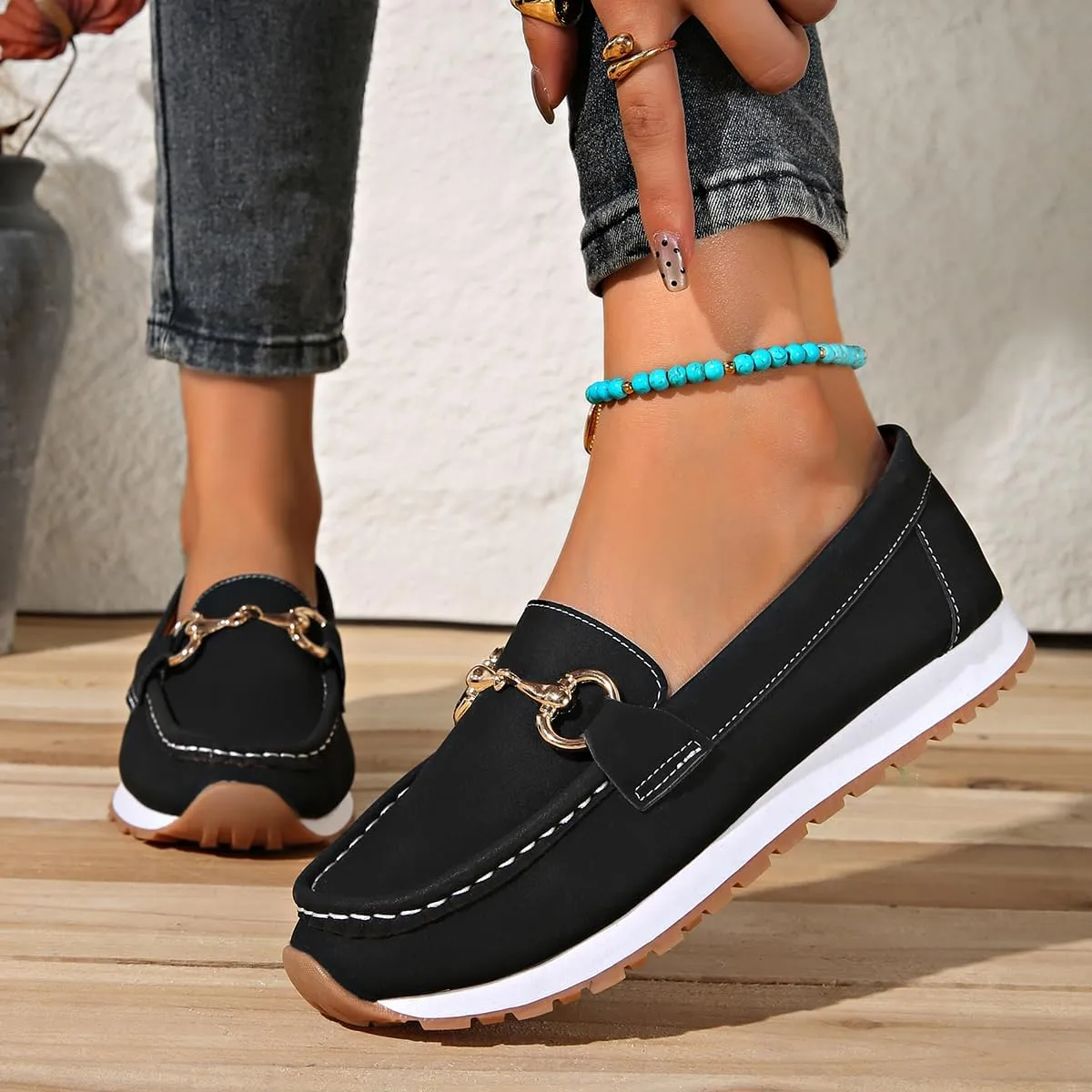 Orthopedic Platform Loafers Women with Chain, Round Retro Toe Comfortable Slip On Work Loafers