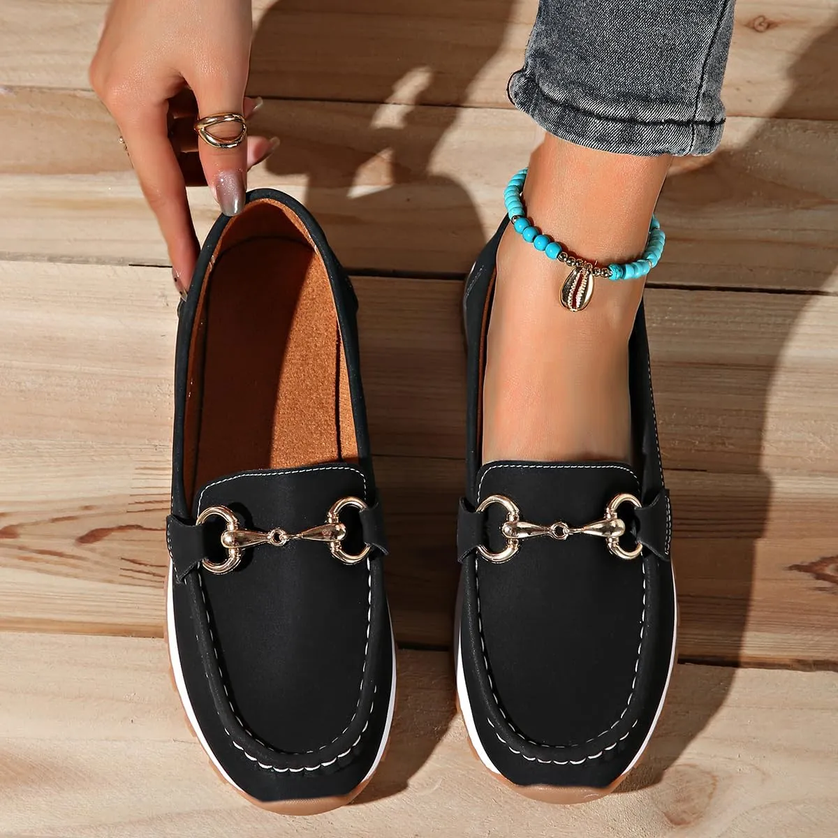 Orthopedic Platform Loafers Women with Chain, Round Retro Toe Comfortable Slip On Work Loafers