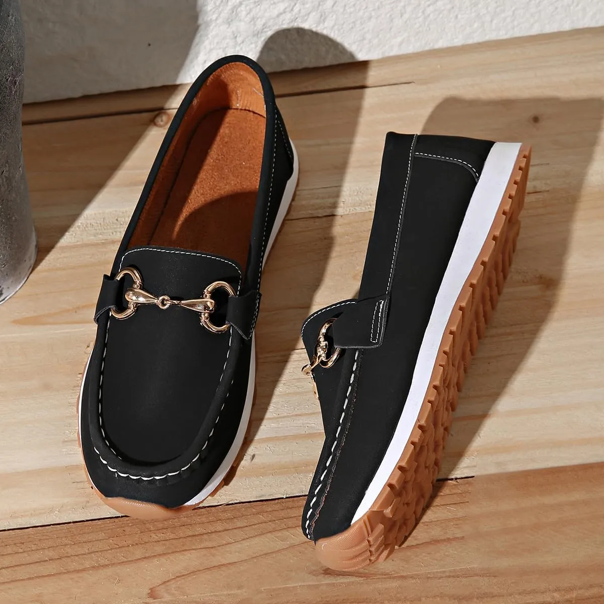 Orthopedic Platform Loafers Women with Chain, Round Retro Toe Comfortable Slip On Work Loafers