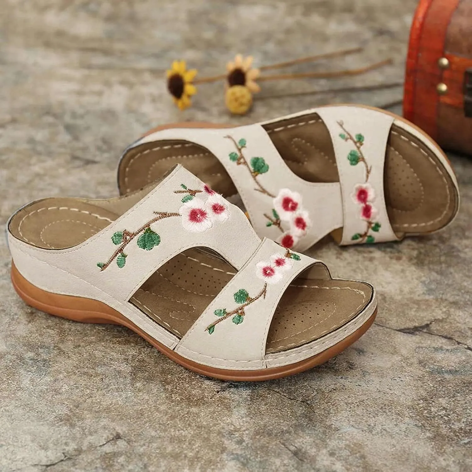 Orthopedic Sandals for Women Wide Width Arch Support Flip Flops Beach with Flowers Wedge Sandal Comfortable Cute Arch Support Womens Comfortable Shoes Sandalias De Mujer OrtopéDicas