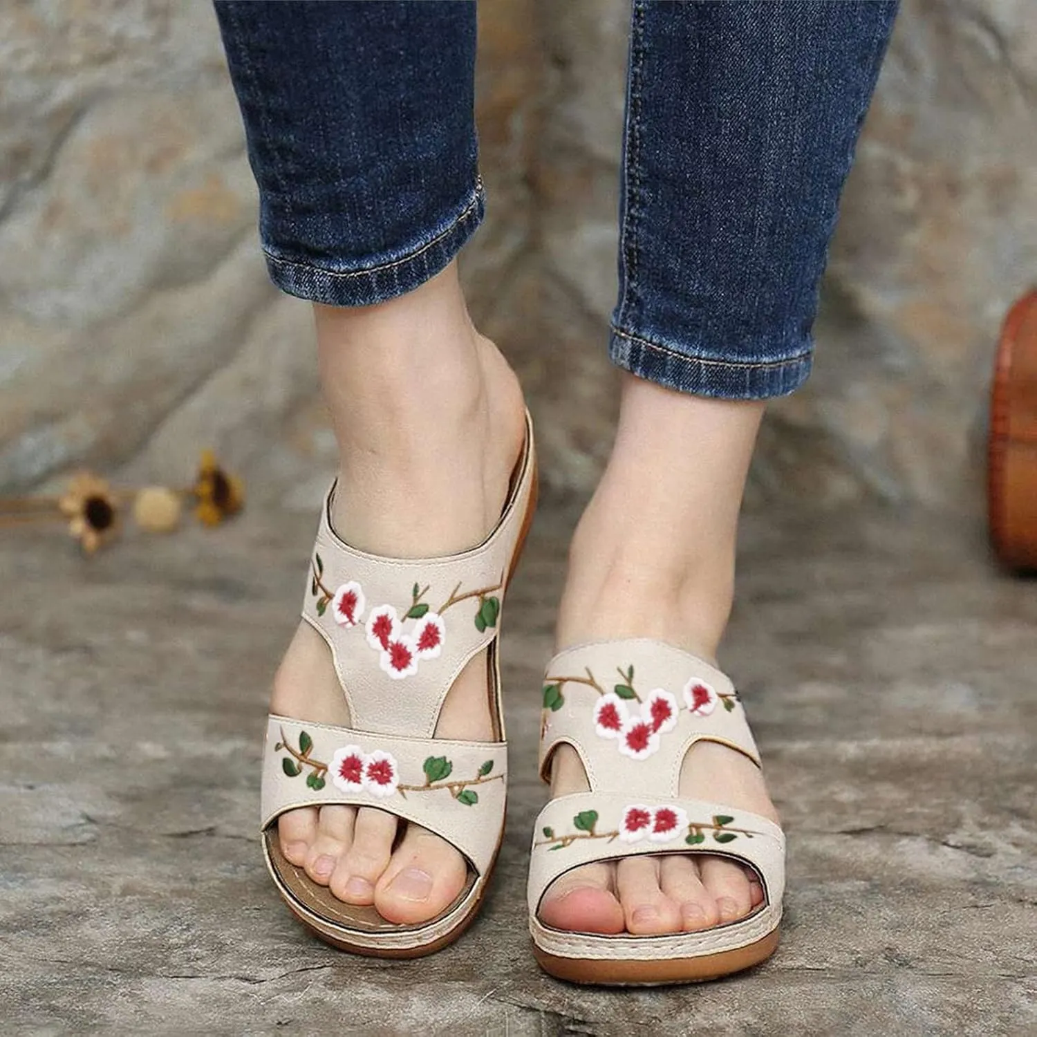 Orthopedic Sandals for Women Wide Width Arch Support Flip Flops Beach with Flowers Wedge Sandal Comfortable Cute Arch Support Womens Comfortable Shoes Sandalias De Mujer OrtopéDicas