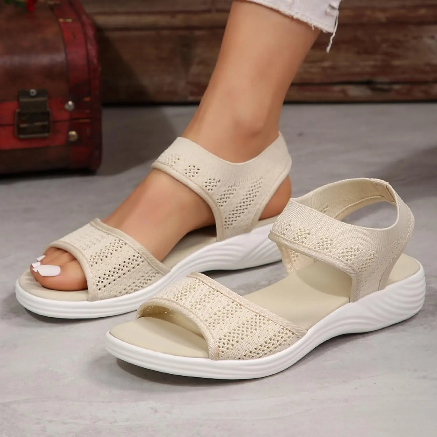 Orthopedic Wedge Sandals for Women Dressy Summer 2025 Comfortable Walking for Women's Slip On Loafers Knitted Mesh Thick Heel Fish Mouth Elastic Strap Mule Breathable Shoes Wedges Canvas Sneakers