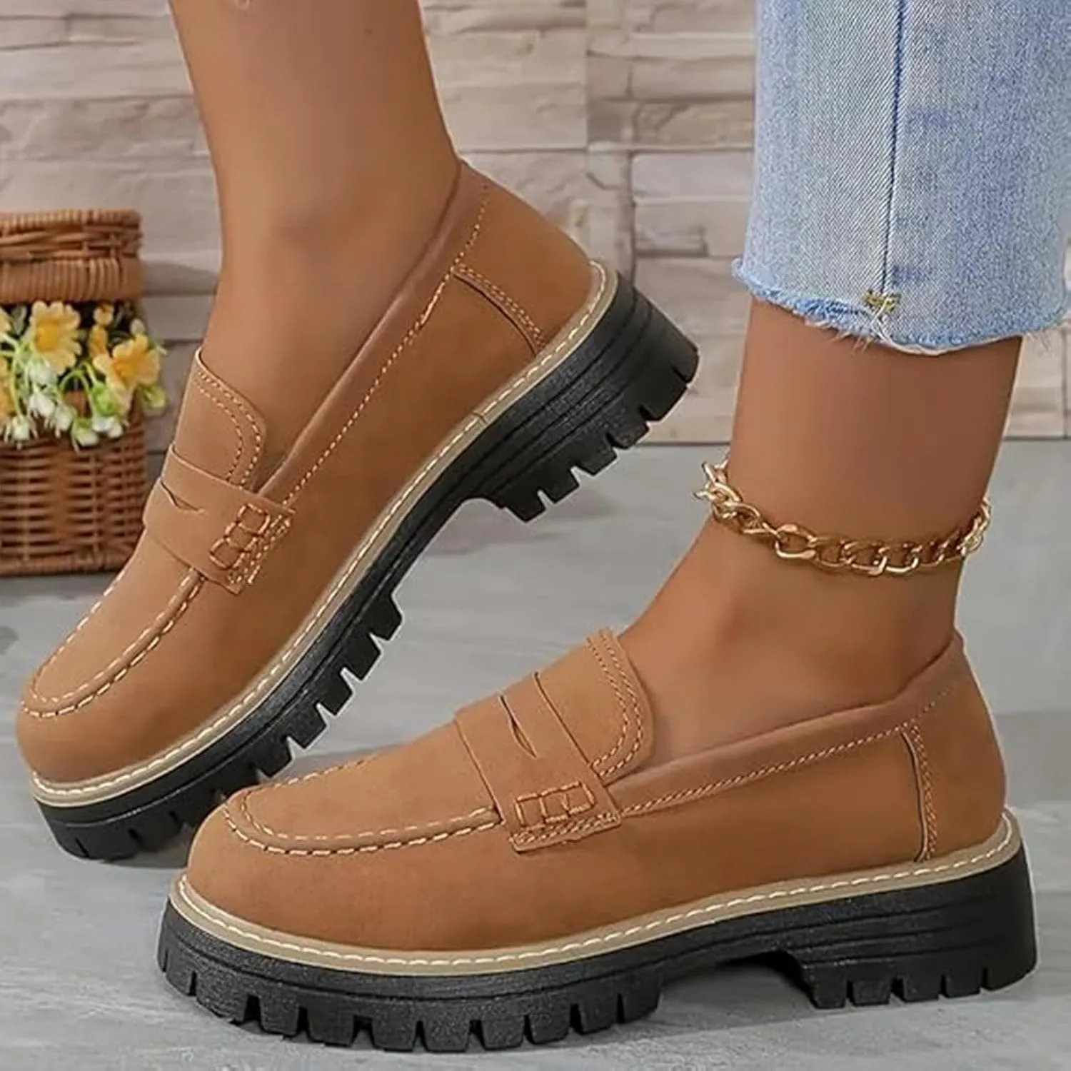 Orthoture Orthopedic Platform Loafers, Womens Loafers Comfortable,Womens Round Toe Walking Shoe, Womens Suede Lug Sole Loafers,Comfortable Slip on Work Office Casual Dress Shoes