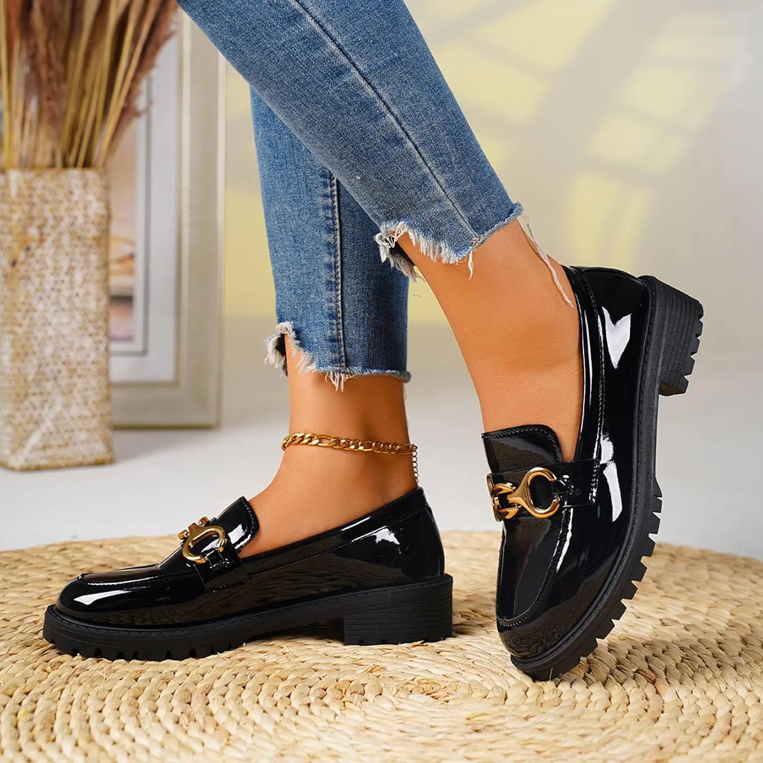 Penny Loafer Women Chunky Work Shoes Fashion Leather Loafers Comfort Slip-on Loafers Casual Business Shoes