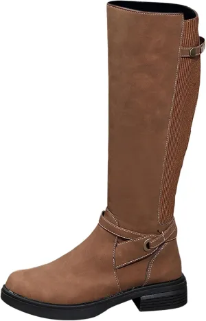 Platform Boots Women's Flat Soled Knee High Boots Long Leg Spliced Boots Round Toe Zipper Knitted Belt Boots