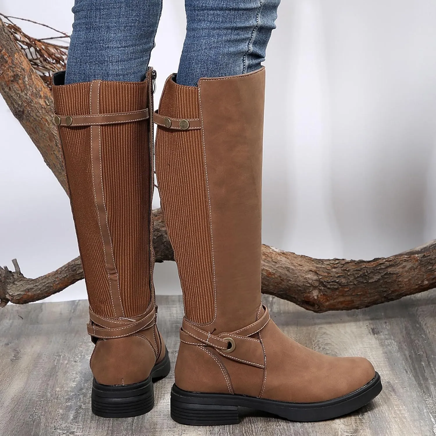 Platform Boots Women's Flat Soled Knee High Boots Long Leg Spliced Boots Round Toe Zipper Knitted Belt Boots