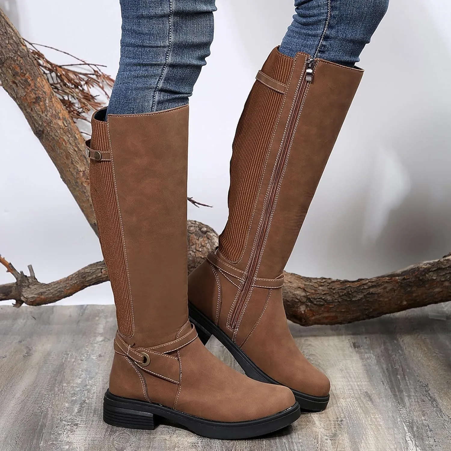 Platform Boots Women's Flat Soled Knee High Boots Long Leg Spliced Boots Round Toe Zipper Knitted Belt Boots