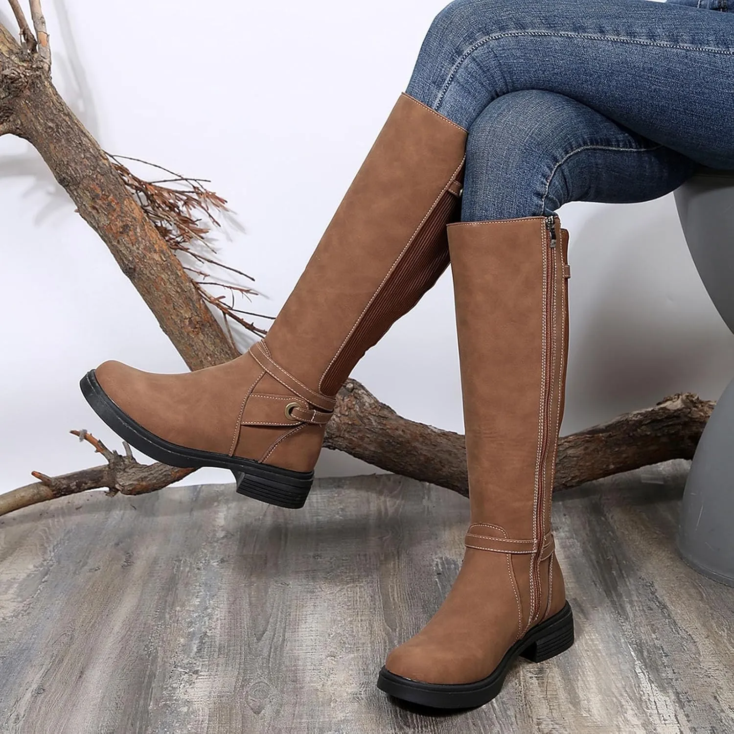 Platform Boots Women's Flat Soled Knee High Boots Long Leg Spliced Boots Round Toe Zipper Knitted Belt Boots