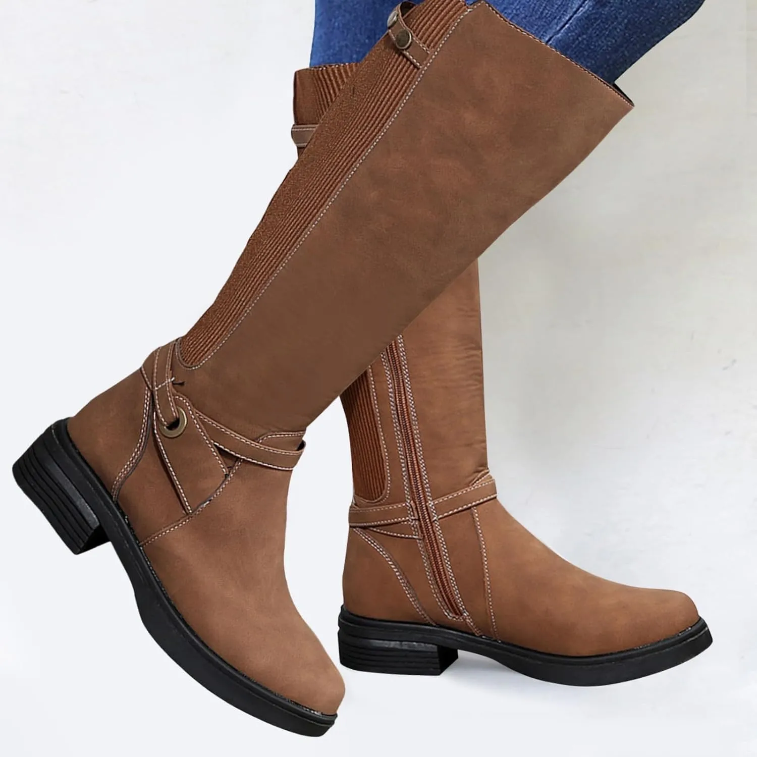 Platform Boots Women's Flat Soled Knee High Boots Long Leg Spliced Boots Round Toe Zipper Knitted Belt Boots