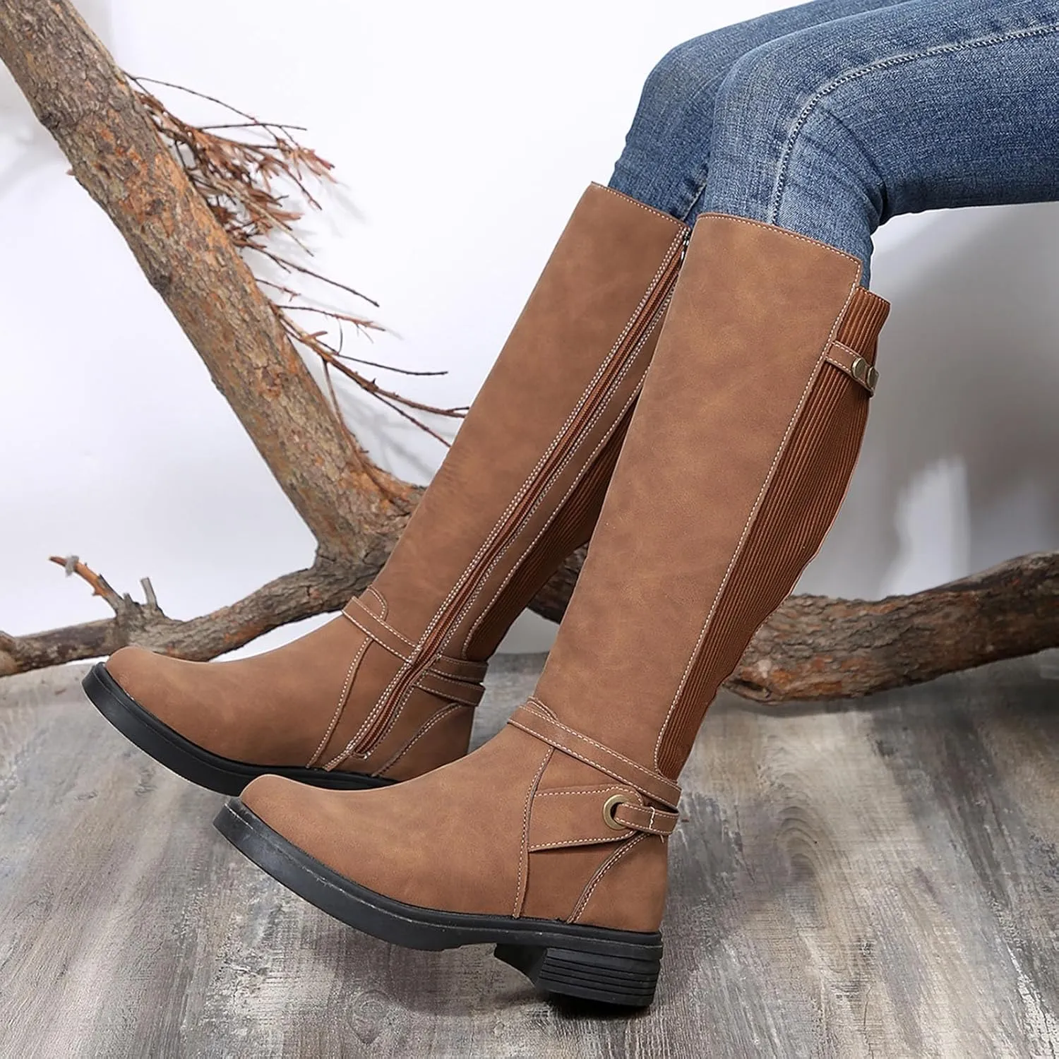 Platform Boots Women's Flat Soled Knee High Boots Long Leg Spliced Boots Round Toe Zipper Knitted Belt Boots