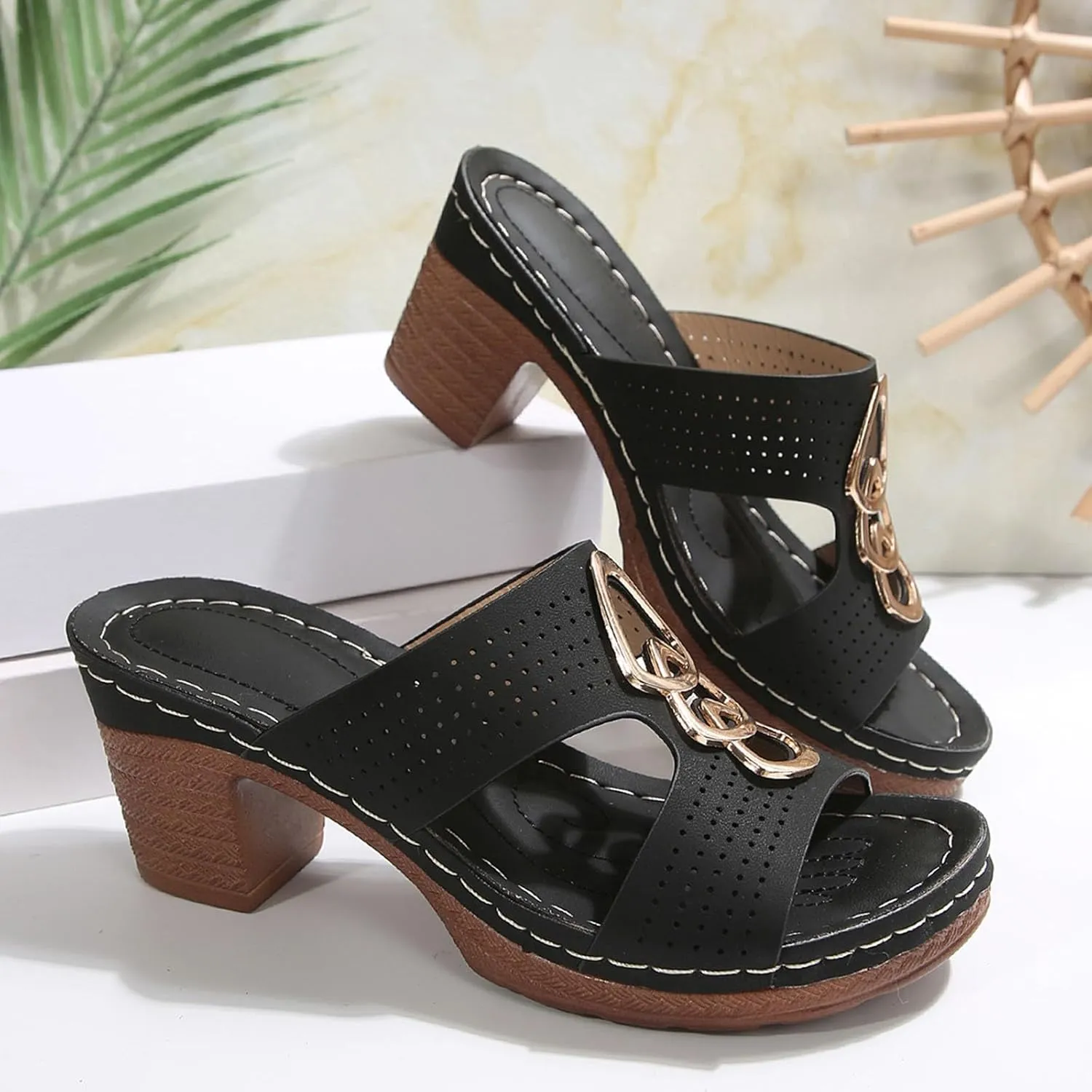 Platform Chunky Heels For Women Cutout Open Toe Low Heels Block Heeled Sandals Fashion Party Dress Slip On Slides Comfortable Walking Office Casual Summer Mules Dressy Shoes