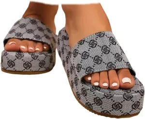 Platform Slides for Womens Canvas Comfortable Open Toe Summer Beach Boho Slides Slip on Sandals Walking Casual Slippers