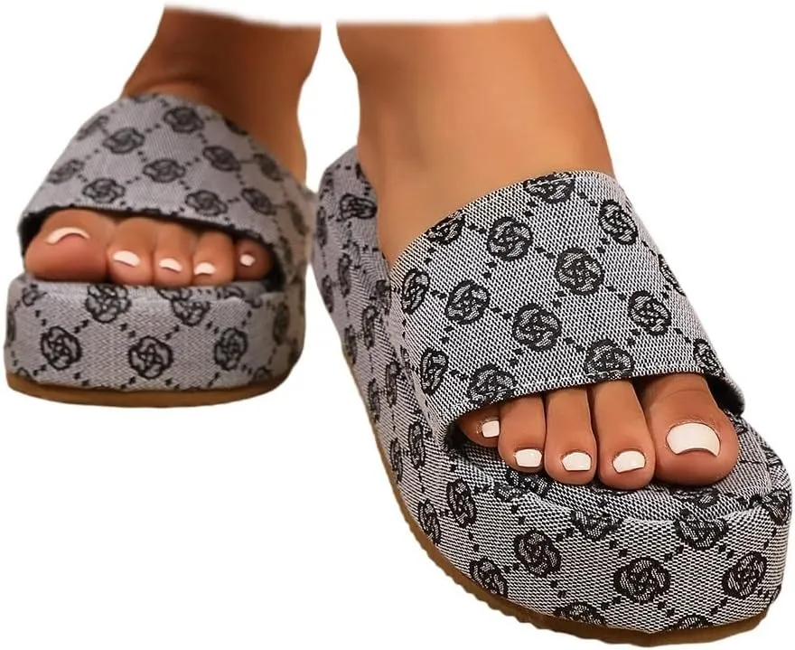 Platform Slides for Womens Canvas Comfortable Open Toe Summer Beach Boho Slides Slip on Sandals Walking Casual Slippers