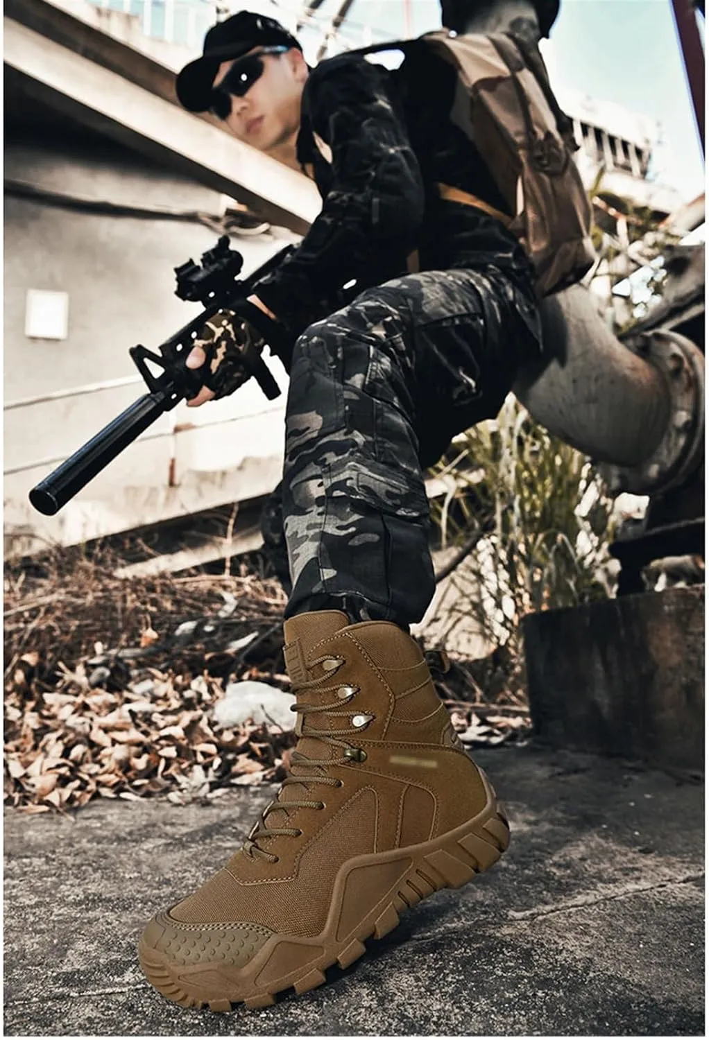 Plus Size Lightweight Combat Boots, Comfortable Stylish Lace Up High Top Combat Boots for Men, Fashion Round Toe Waterproof Hiking Boots, for Tactical, Military, Hunting