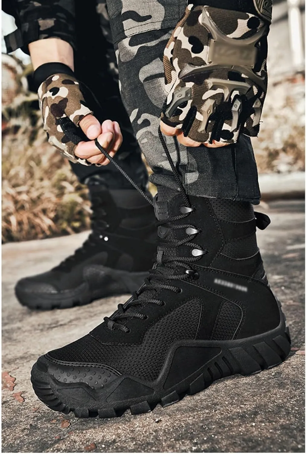 Plus Size Lightweight Combat Boots, Comfortable Stylish Lace Up High Top Combat Boots for Men, Fashion Round Toe Waterproof Hiking Boots, for Tactical, Military, Hunting