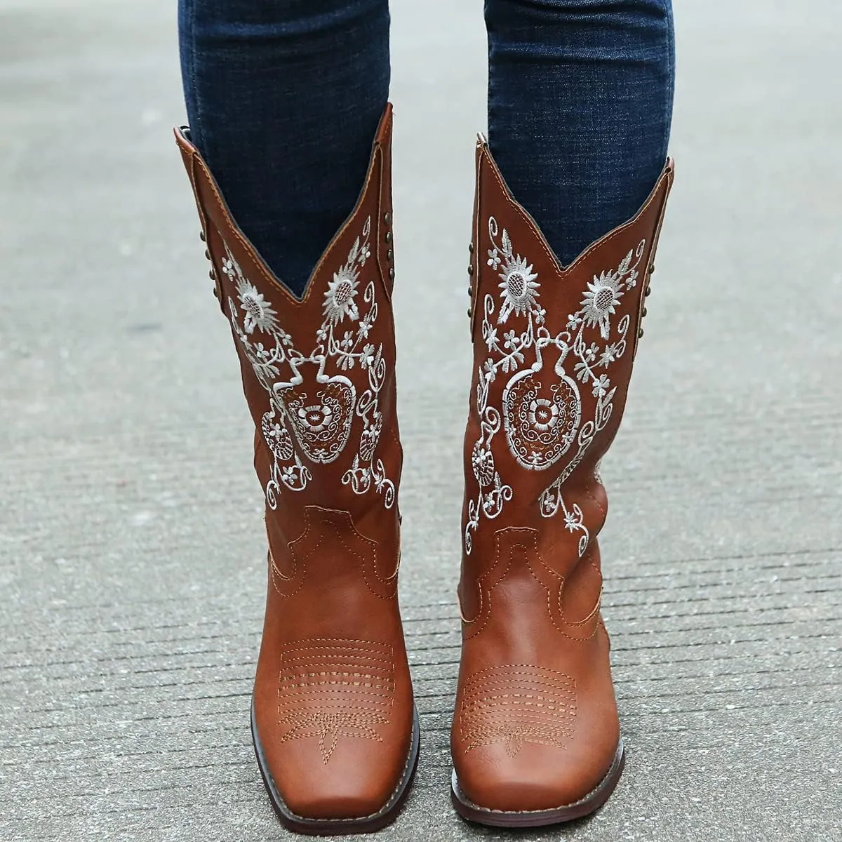 SACFOF Cowboy Boots for Women Mid Calf Cowgirl Western Boots Sunflower Embroidery Stitched Square Toe Low Heel Winter Boots