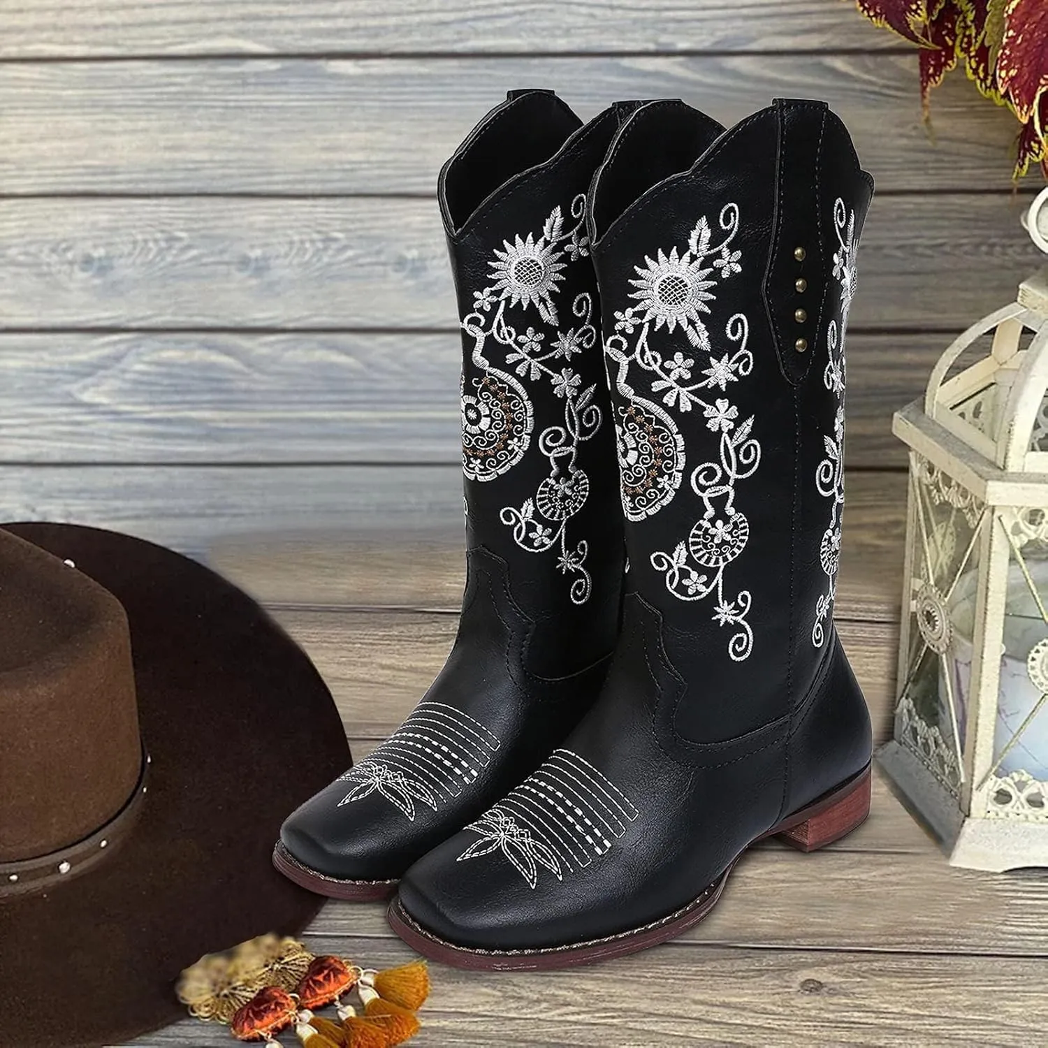 SACFOF Cowboy Boots for Women Mid Calf Cowgirl Western Boots Sunflower Embroidery Stitched Square Toe Low Heel Winter Boots