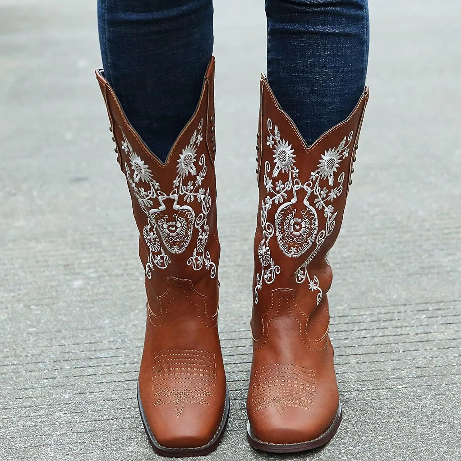 SACFOF Cowboy Boots for Women Mid Calf Cowgirl Western Boots Sunflower Embroidery Stitched Square Toe Low Heel Winter Boots