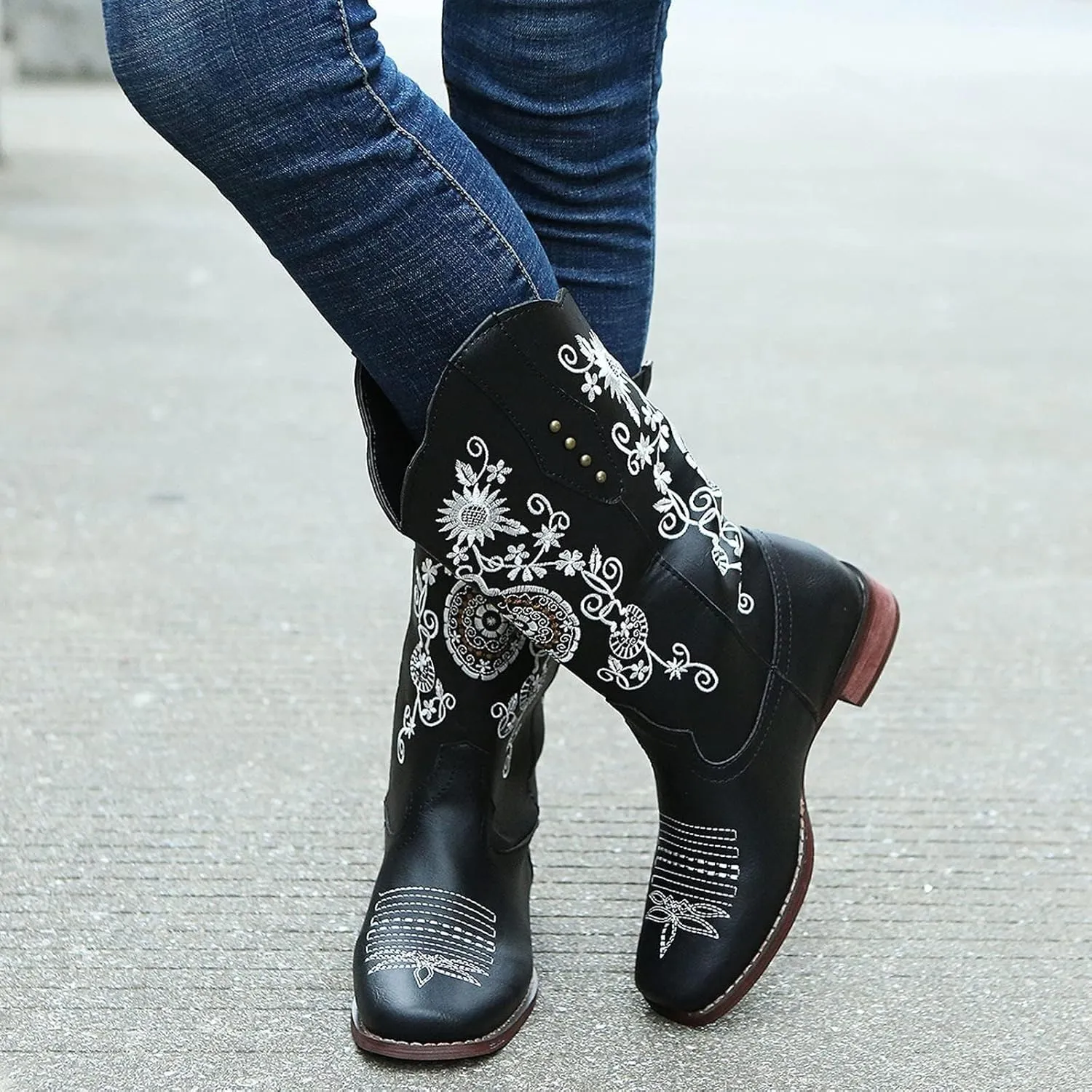 SACFOF Cowboy Boots for Women Mid Calf Cowgirl Western Boots Sunflower Embroidery Stitched Square Toe Low Heel Winter Boots