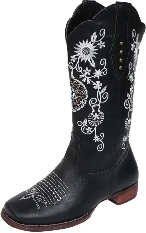 SACFOF Cowboy Boots for Women Mid Calf Cowgirl Western Boots Sunflower Embroidery Stitched Square Toe Low Heel Winter Boots