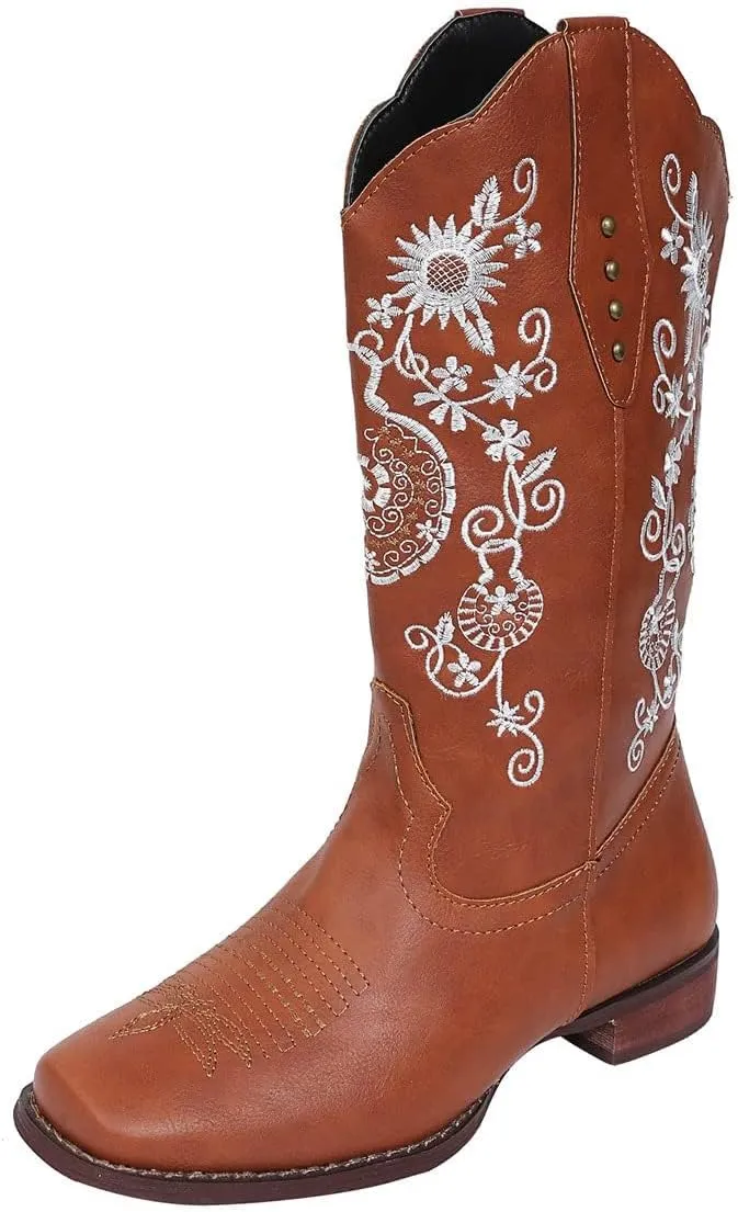 SACFOF Cowboy Boots for Women Mid Calf Cowgirl Western Boots Sunflower Embroidery Stitched Square Toe Low Heel Winter Boots