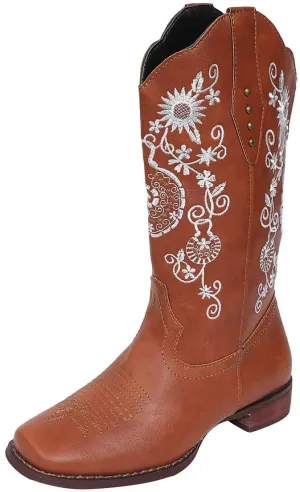 SACFOF Cowboy Boots for Women Mid Calf Cowgirl Western Boots Sunflower Embroidery Stitched Square Toe Low Heel Winter Boots