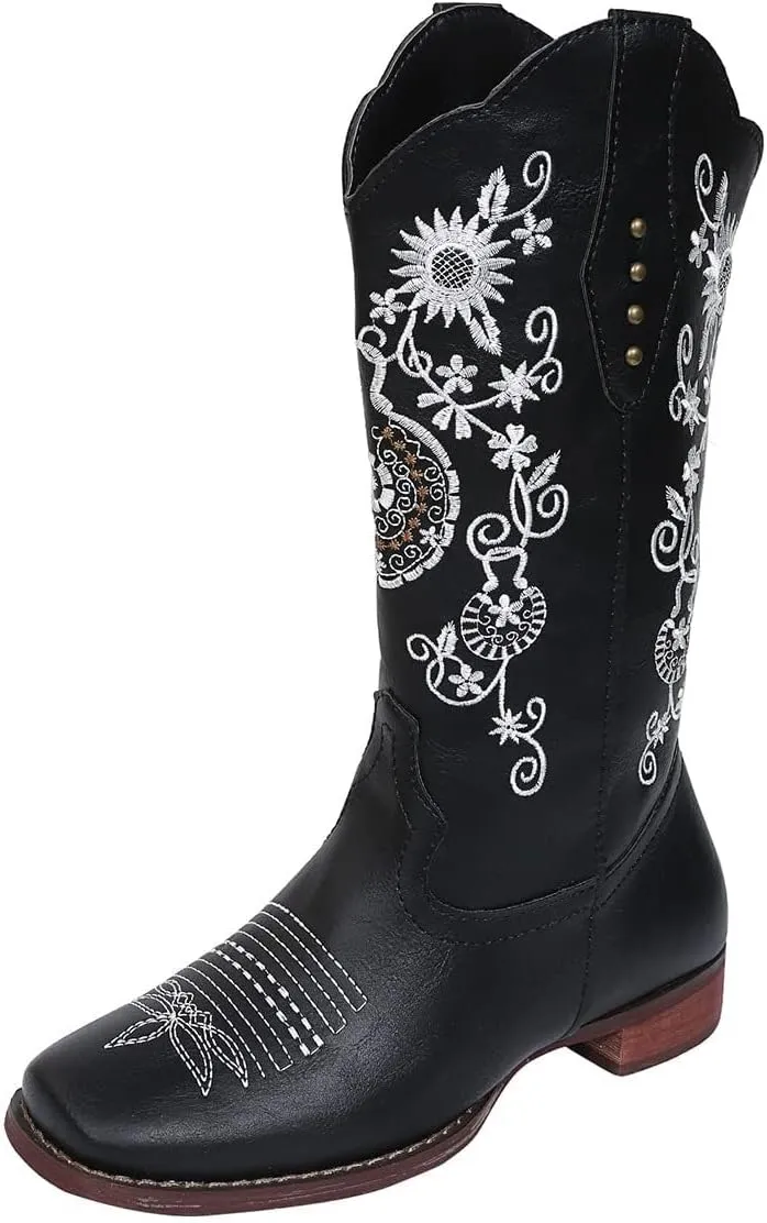 SACFOF Cowboy Boots for Women Mid Calf Cowgirl Western Boots Sunflower Embroidery Stitched Square Toe Low Heel Winter Boots