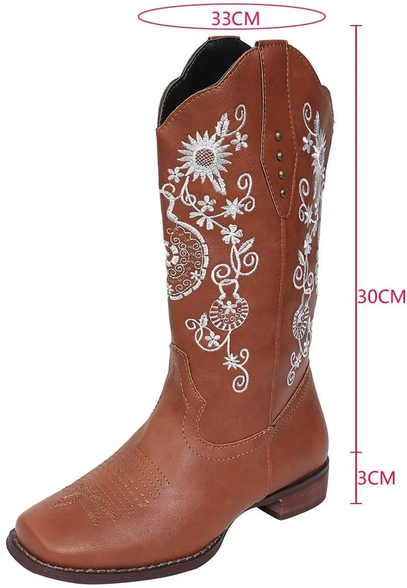 SACFOF Cowboy Boots for Women Mid Calf Cowgirl Western Boots Sunflower Embroidery Stitched Square Toe Low Heel Winter Boots