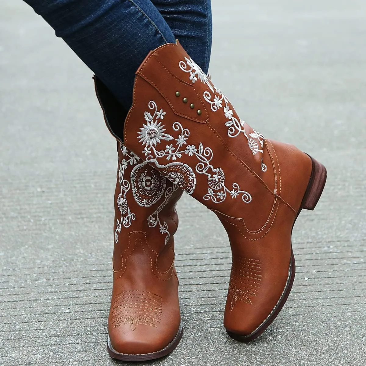 SACFOF Cowboy Boots for Women Mid Calf Cowgirl Western Boots Sunflower Embroidery Stitched Square Toe Low Heel Winter Boots