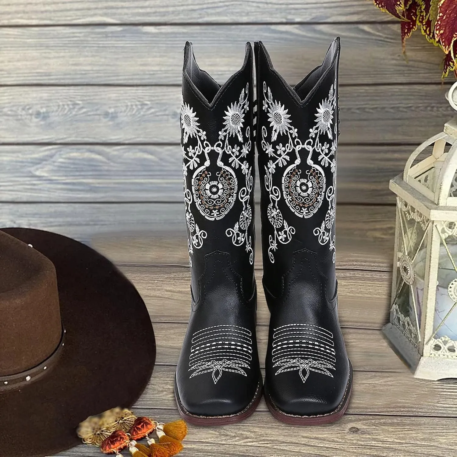 SACFOF Cowboy Boots for Women Mid Calf Cowgirl Western Boots Sunflower Embroidery Stitched Square Toe Low Heel Winter Boots