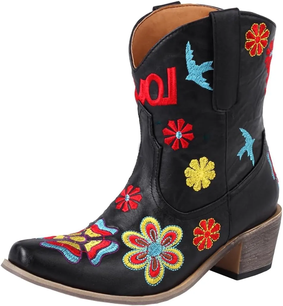 SACFOF Women Flower Embroidered Ankle Cowgirl Boots Square Toe Western Boots Chunky Chunky Mid Heel Short Boots