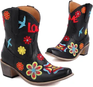 SACFOF Women Flower Embroidered Ankle Cowgirl Boots Square Toe Western Boots Chunky Chunky Mid Heel Short Boots