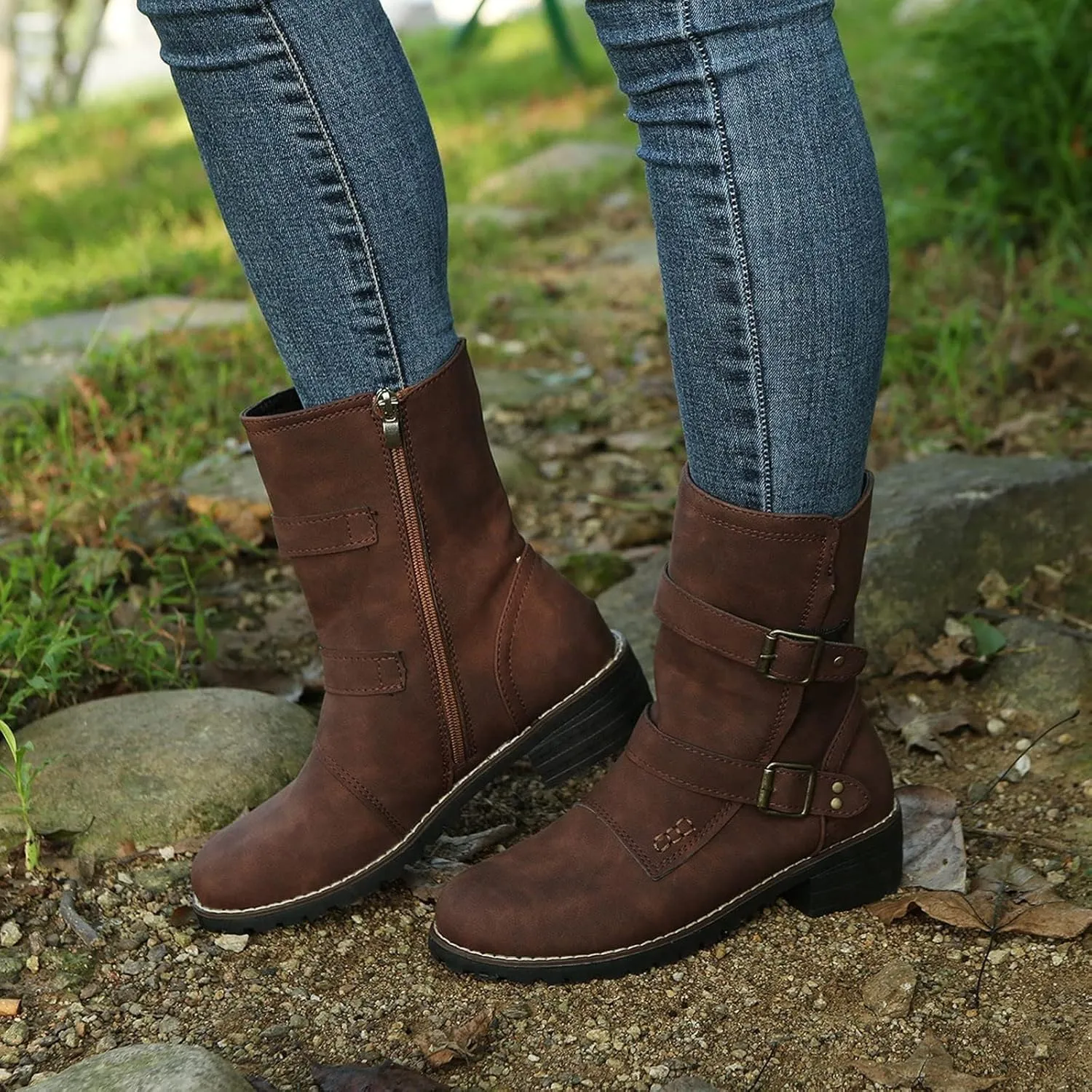 SACFOF Women's Ankle Booties Winter Low Heel Buckled Retro Combat Mid Calf Boots Side Zipper Ankle Chelsea Boots