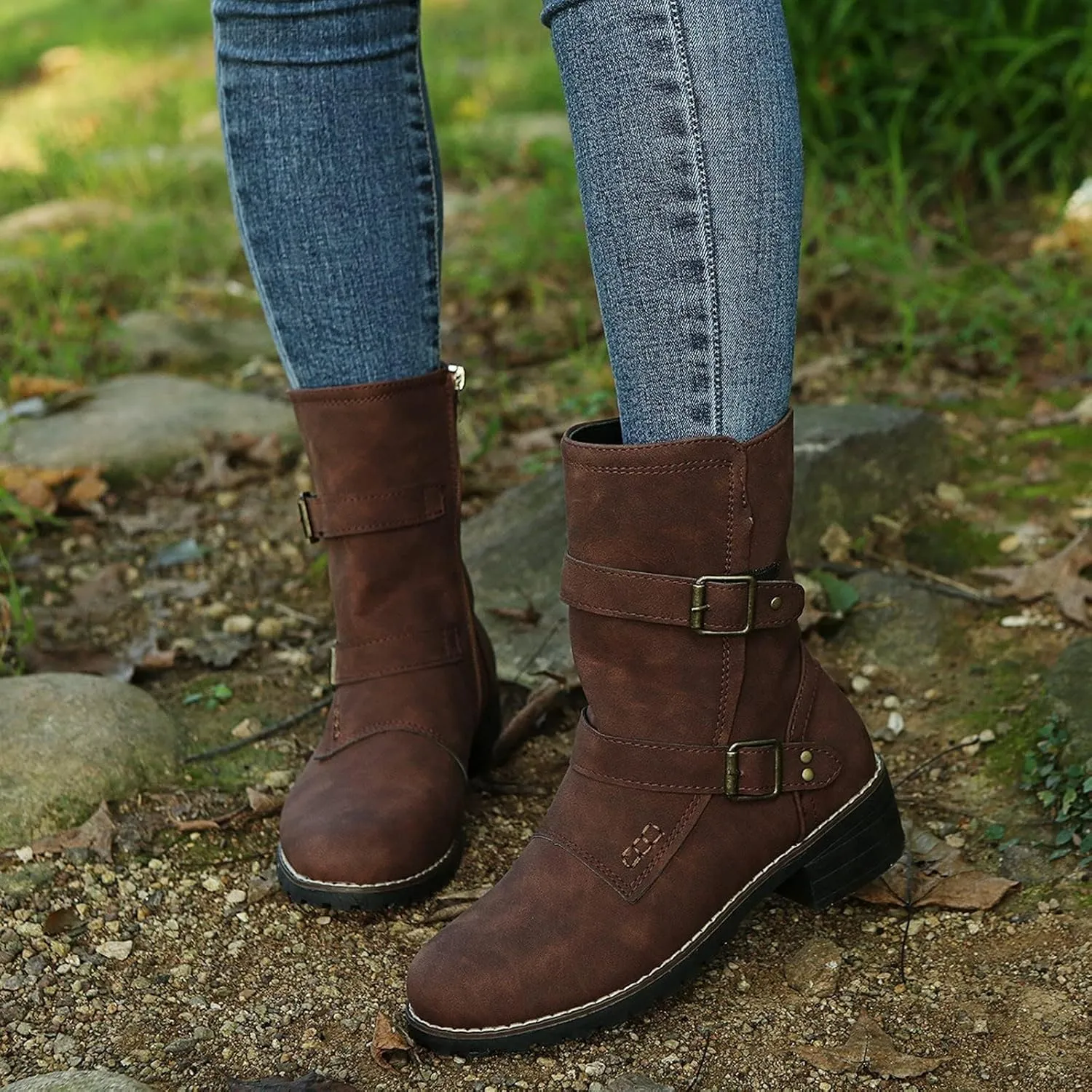 SACFOF Women's Ankle Booties Winter Low Heel Buckled Retro Combat Mid Calf Boots Side Zipper Ankle Chelsea Boots