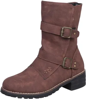 SACFOF Women's Ankle Booties Winter Low Heel Buckled Retro Combat Mid Calf Boots Side Zipper Ankle Chelsea Boots