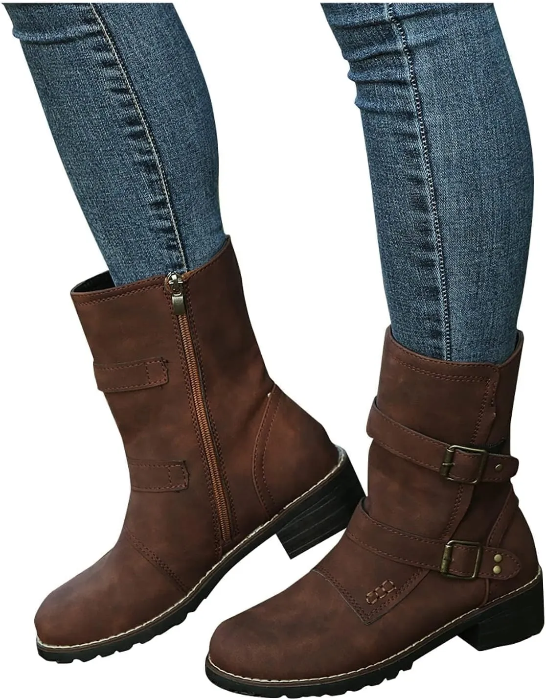 SACFOF Women's Ankle Booties Winter Low Heel Buckled Retro Combat Mid Calf Boots Side Zipper Ankle Chelsea Boots