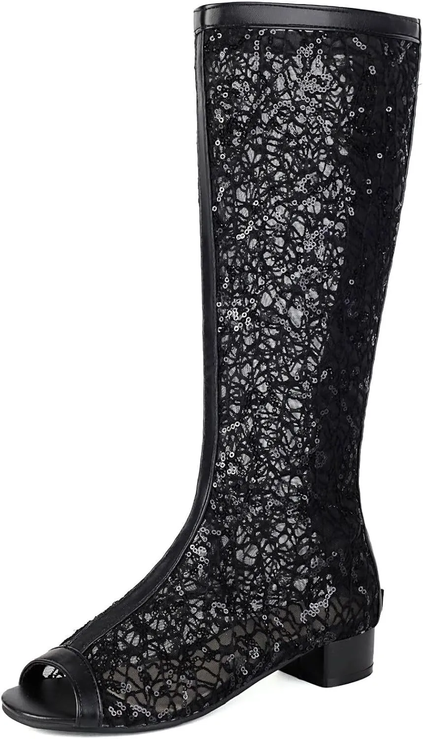 SACFOF Women's Chunky Block Heel Open Toe Sandals Mesh Gladiator Flat Boots Back Zipper Low Heel Knee High Booties