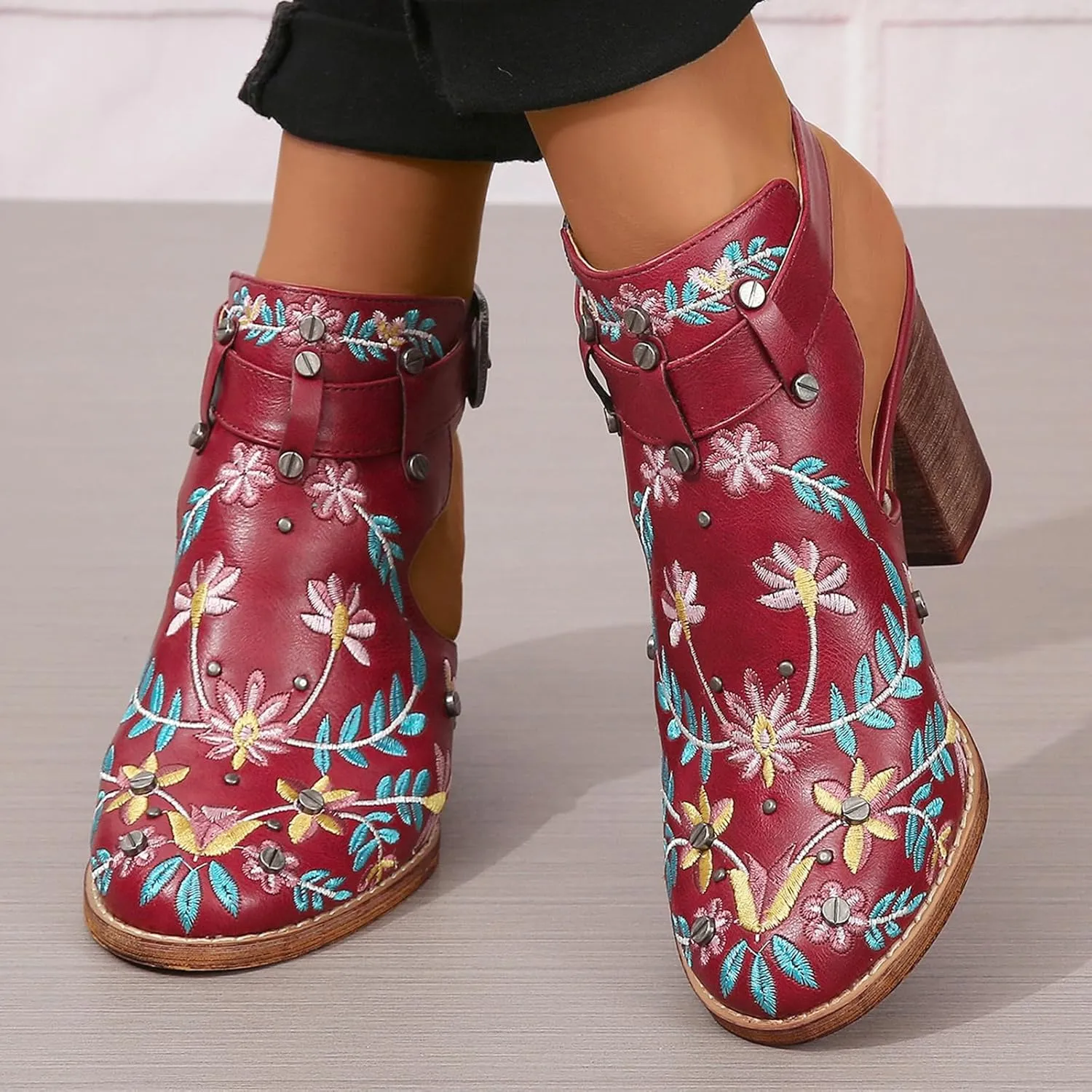 SACFOF Women's Floral Embroidery Ankle Boots Buckled Backless Western Vintage Wooden Chunky Heeled Cowgirl Short Booties