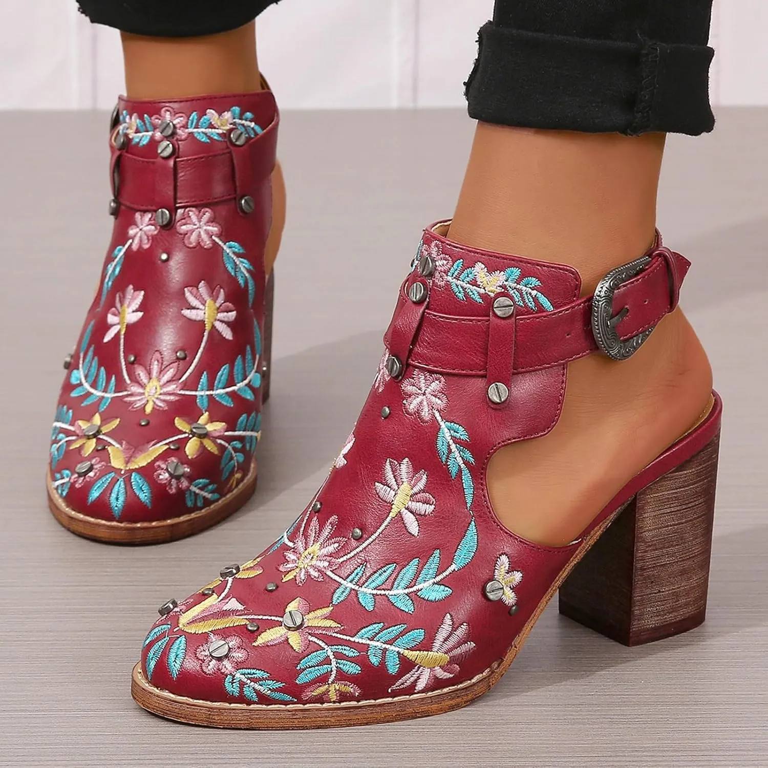 SACFOF Women's Floral Embroidery Ankle Boots Buckled Backless Western Vintage Wooden Chunky Heeled Cowgirl Short Booties
