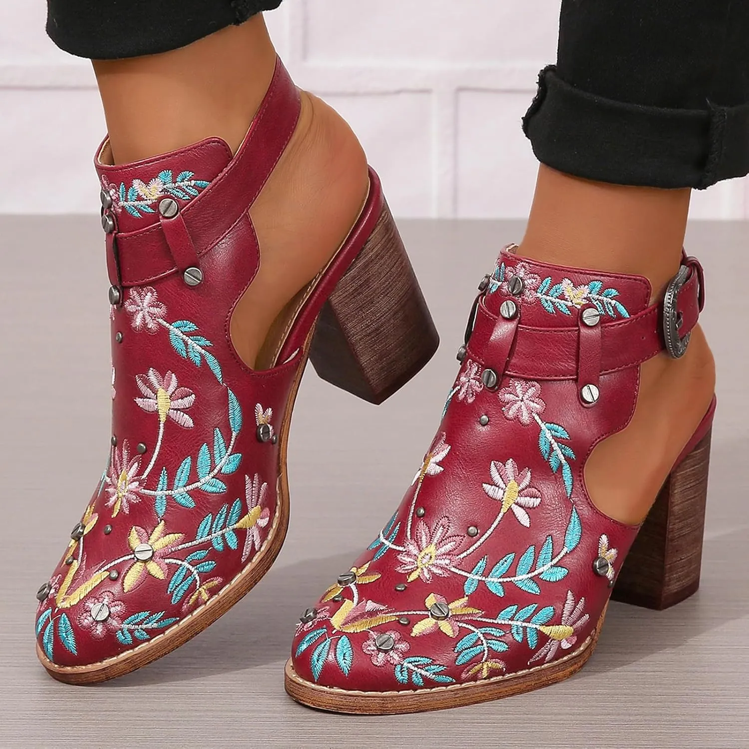 SACFOF Women's Floral Embroidery Ankle Boots Buckled Backless Western Vintage Wooden Chunky Heeled Cowgirl Short Booties