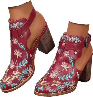 SACFOF Women's Floral Embroidery Ankle Boots Buckled Backless Western Vintage Wooden Chunky Heeled Cowgirl Short Booties
