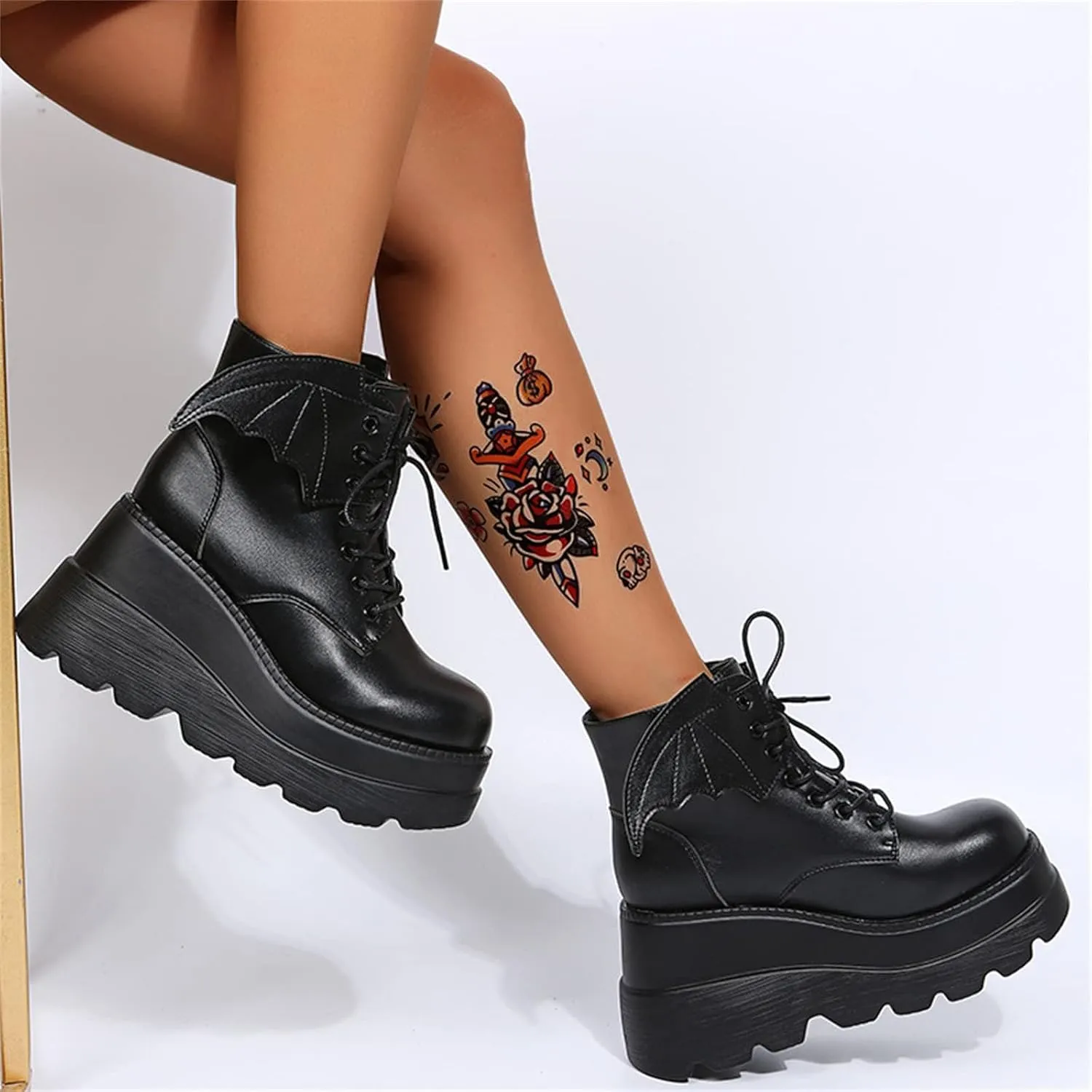 SACFOF Womens Goth Ankle Boots Platform Chunky Wedge Lace Up Combat Boots Punk Short Booties Motorcycle Platform Boots