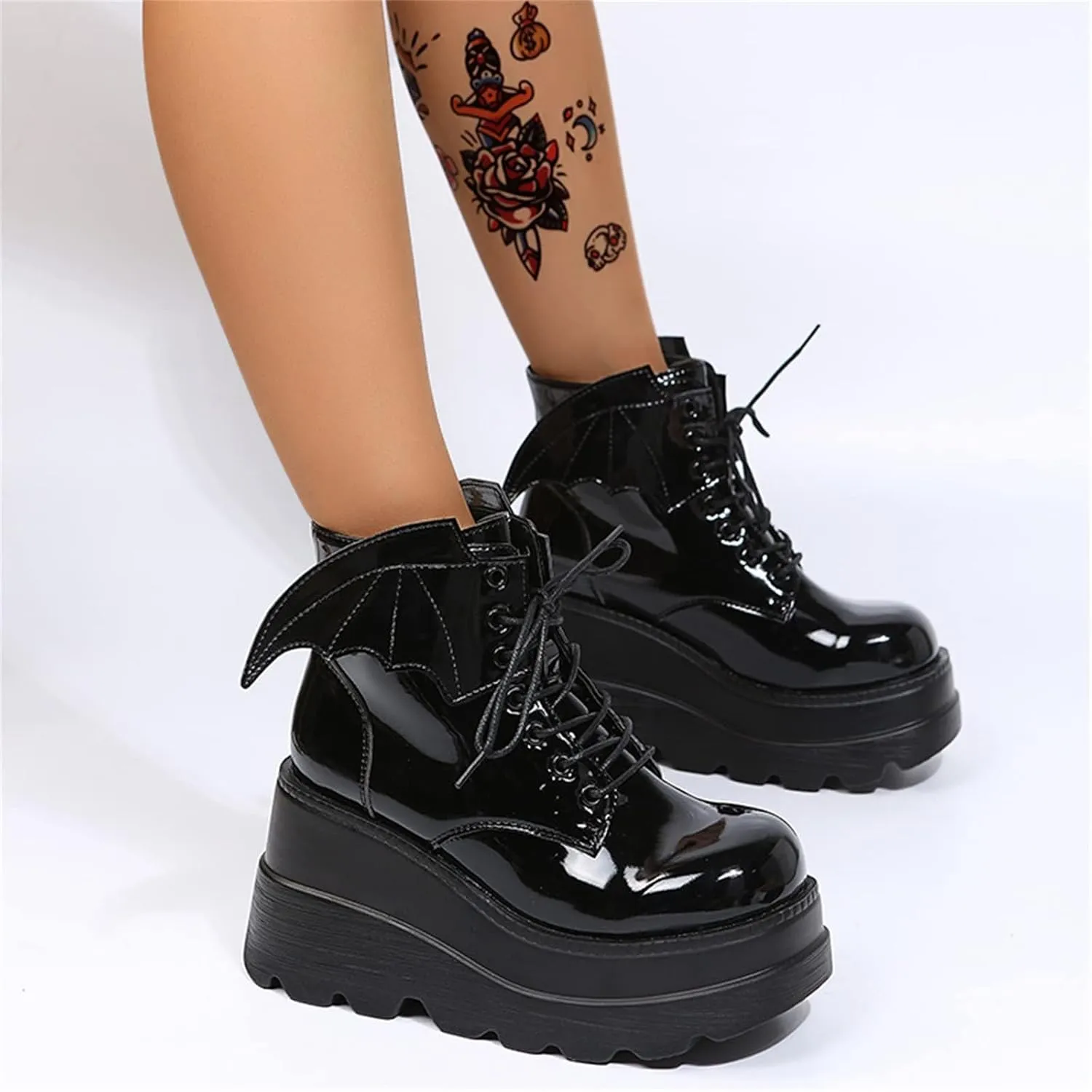 SACFOF Womens Goth Ankle Boots Platform Chunky Wedge Lace Up Combat Boots Punk Short Booties Motorcycle Platform Boots