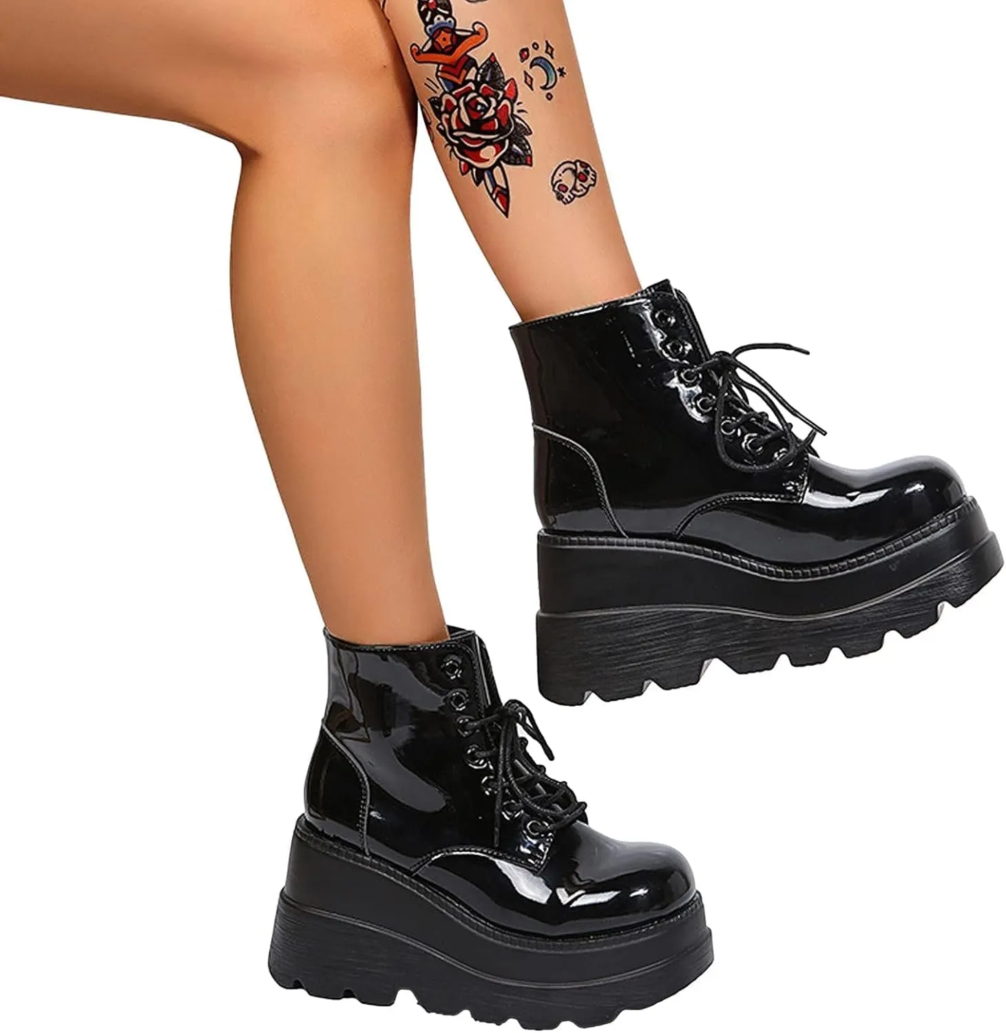 SACFOF Womens Goth Ankle Boots Platform Chunky Wedge Lace Up Combat Boots Punk Short Booties Motorcycle Platform Boots