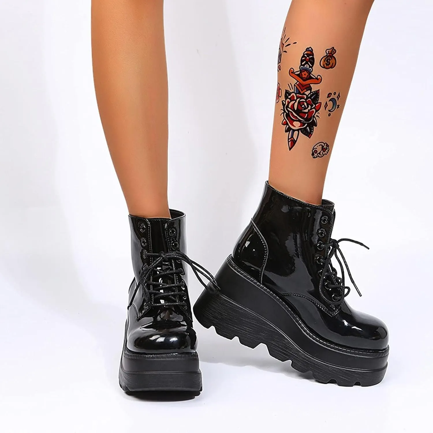 SACFOF Womens Goth Ankle Boots Platform Chunky Wedge Lace Up Combat Boots Punk Short Booties Motorcycle Platform Boots
