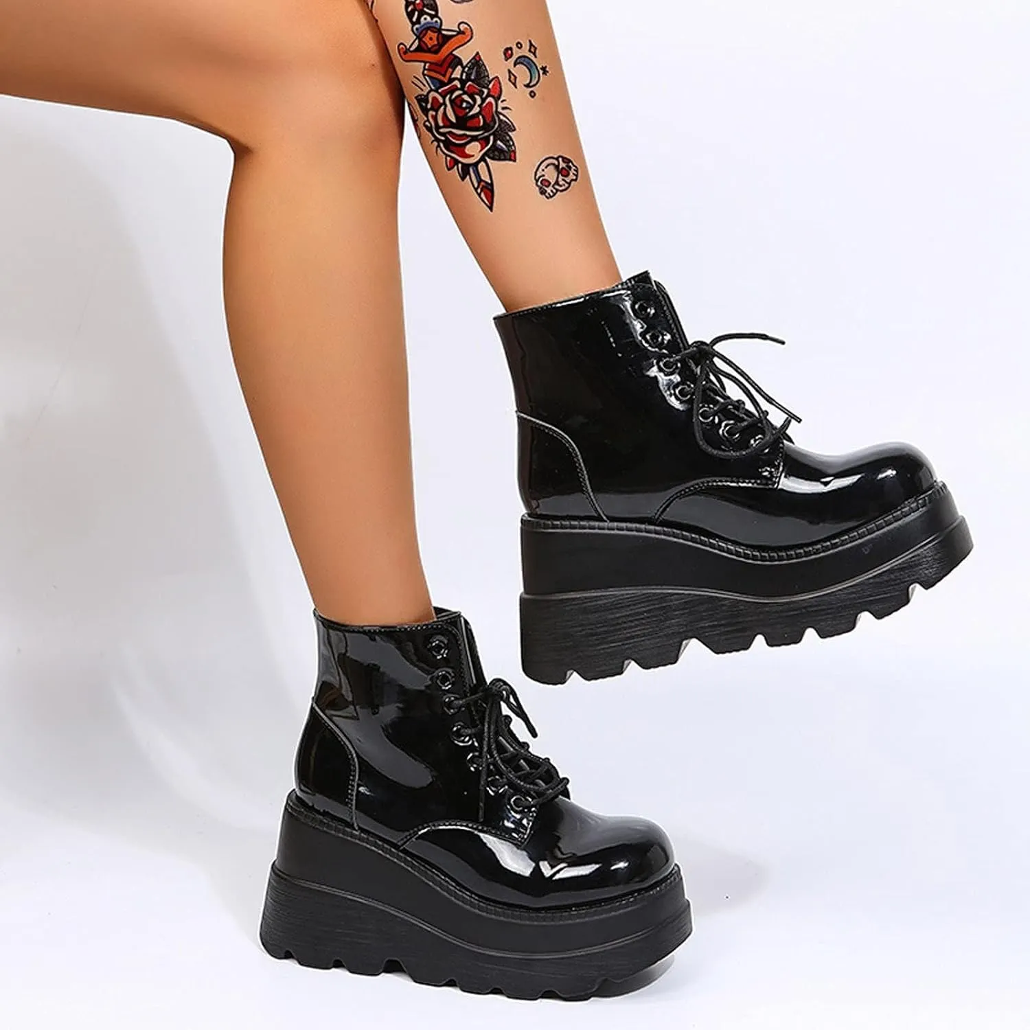 SACFOF Womens Goth Ankle Boots Platform Chunky Wedge Lace Up Combat Boots Punk Short Booties Motorcycle Platform Boots