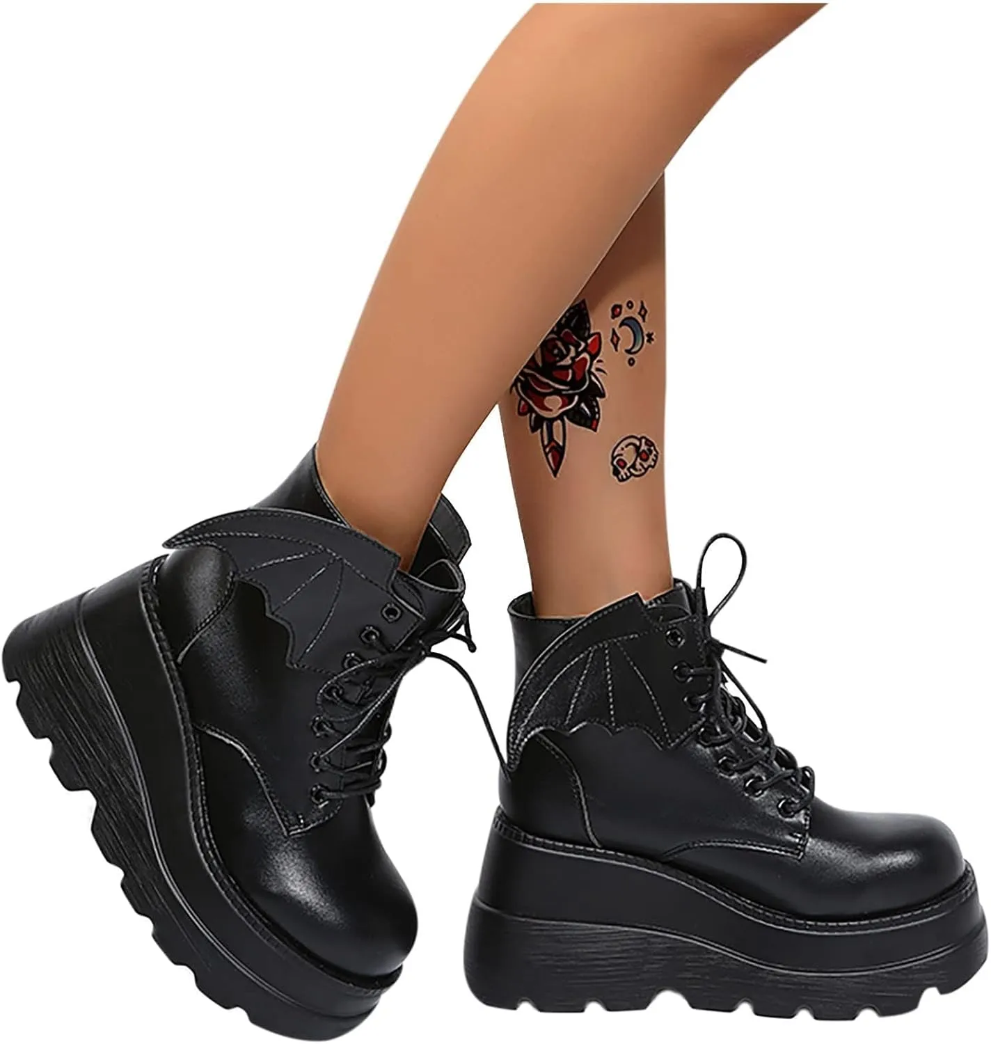 SACFOF Womens Goth Ankle Boots Platform Chunky Wedge Lace Up Combat Boots Punk Short Booties Motorcycle Platform Boots