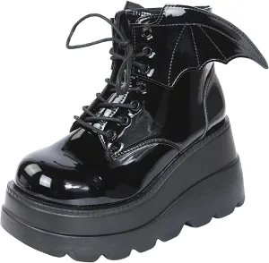 SACFOF Womens Goth Ankle Boots Platform Chunky Wedge Lace Up Combat Boots Punk Short Booties Motorcycle Platform Boots
