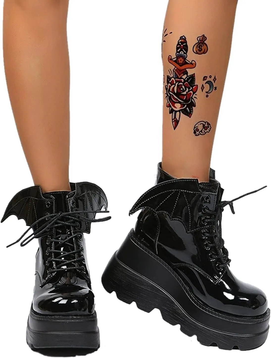 SACFOF Womens Goth Ankle Boots Platform Chunky Wedge Lace Up Combat Boots Punk Short Booties Motorcycle Platform Boots
